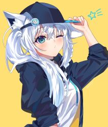 Rule 34 | 1girl, alternate costume, animal ear fluff, animal ears, aqua eyes, arm up, baseball cap, black choker, black hat, blue jacket, blush, braid, choker, commentary request, drawstring, fox ears, fox girl, from side, hair between eyes, hair over shoulder, hand on headwear, hat, high ponytail, highres, hololive, jacket, looking at viewer, one eye closed, open clothes, open jacket, puckered lips, shirakami fubuki, shirt, side braid, side ponytail, sidelocks, signature, simple background, solo, star (symbol), syausya sya, virtual youtuber, white hair, white shirt, yellow background