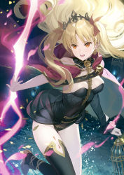 Rule 34 | 1girl, asymmetrical legwear, asymmetrical sleeves, birdcage, black dress, blonde hair, breasts, cage, cape, cleavage, dress, earrings, ereshkigal (fate), fate/grand order, fate (series), gold trim, hoop earrings, infinity symbol, jewelry, long hair, looking at viewer, medium breasts, meslamtaea (weapon), multicolored cape, multicolored clothes, open mouth, orange eyes, parted bangs, petals, polearm, red cape, short dress, siino, single sleeve, single thighhigh, skull, spear, spine, thighhighs, tiara, two side up, uneven legwear, uneven sleeves, weapon, yellow cape