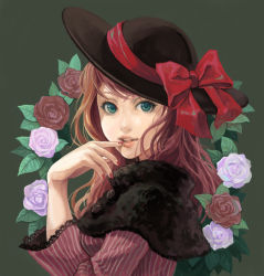 Rule 34 | 1girl, bad id, bad pixiv id, degrees celsius, dress, flower, green eyes, hat, lipstick, long hair, makeup, nail polish, original, red hair, red nails, ribbon, rose, solo, victorian