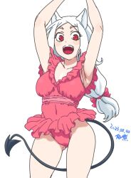 Rule 34 | 1girl, animal ears, arms up, black tail, bow, breasts, casual one-piece swimsuit, cerberus (helltaker), commentary request, cowboy shot, dated, demon girl, demon tail, dog ears, dog girl, frilled one-piece swimsuit, frills, hair bow, helltaker, long hair, looking at viewer, medium breasts, one-piece swimsuit, open mouth, ponytail, red eyes, signature, solo, swimsuit, tail, tsukudani (coke-buta), white background, white hair