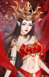 Rule 34 | 1girl, bare shoulders, brown hair, cai lin (doupo cangqiong), doupo cangqiong, eyeshadow, hair ornament, highres, long hair, looking at viewer, makeup, navel, pointy ears, red tube top, smile, solo, strapless, tube top, upper body, ye xiao hua