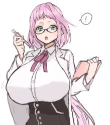 Rule 34 | !, 1girl, artist request, bad id, bad twitter id, book, bouncing breasts, breasts, coat, gigantic breasts, glasses, long hair, open mouth, oppai general, pen, purple hair, ribbon, solo