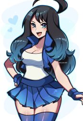Rule 34 | 1girl, :d, ahoge, artist name, black hair, blue eyes, blue gloves, blue hair, blue jacket, blue skirt, blue thighhighs, breasts, cleavage, collared jacket, commentary, cropped jacket, eyelashes, fingerless gloves, gloves, gradient hair, hand on own hip, highres, hikaru (touyarokii), jacket, large breasts, long hair, looking at viewer, multicolored hair, open clothes, open jacket, open mouth, original, pleated skirt, shirt, skirt, smile, solo, standing, thighhighs, touyarokii, twitter username, two-tone hair, white shirt