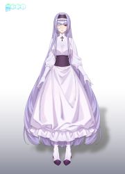 Rule 34 | 1girl, 3di project, breasts, dress, full body, gradient background, hairband, highres, large breasts, logo, long hair, long sleeves, marcheline, official art, puffy long sleeves, puffy sleeves, purple hair, red eyes, rigu (3di), shadow, solo, standing, very long hair, virtual youtuber, white dress