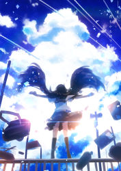 Rule 34 | 1girl, arms up, bag, black hair, black socks, black sailor collar, black skirt, blue sky, book, clothes lift, cloud, cluseller, day, female focus, from behind, highres, japanese text, kneehighs, lens flare, light particles, long hair, open book, original, outdoors, outstretched arms, pencil case, railing, sailor collar, school uniform, serafuku, shirt, short sleeves, shoulder bag, sketch, skirt, skirt lift, sky, socks, solo, spread arms, standing, sunlight, translation request, very long hair, white shirt, wind, wind lift