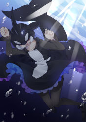 Rule 34 | 1girl, air bubble, belt, black hair, bubble, cetacean tail, collarbone, covered eyes, day, diving, dorsal fin, dress, fins, fish tail, freediving, frilled dress, frills, hair over eyes, head fins, highres, isobee, kemono friends, knees together feet apart, long sleeves, medium hair, multicolored hair, open mouth, orca (kemono friends), pantyhose, solo, submerged, tail, two-tone hair, underwater, water, white pantyhose