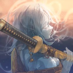 Rule 34 | 1girl, bare shoulders, blue background, brown ribbon, closed eyes, closed mouth, colored eyelashes, colored skin, commentary, english commentary, floral print, from above, gold trim, hair between eyes, highres, holding, holding sword, holding weapon, katana, charm (object), long eyelashes, long hair, orange background, original, patch oxxo, profile, ribbon, sheath, shirt, solo, sword, translucent hair, see-through body, two-tone background, weapon, white hair, white skin, yellow shirt