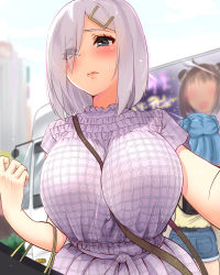 Rule 34 | 1girl, 3girls, absurdres, alternate costume, bag, between breasts, blue eyes, blue hair, blurry, blush, breast strap, breasts, building, bus, casual, chat log, city, closed mouth, commentary request, contemporary, day, denim, denim shorts, depth of field, double bun, dress, eyelashes, eyes visible through hair, frills, from below, grey dress, hair bun, hair ornament, hair over one eye, hairclip, hamakaze (kancolle), handbag, highres, kantai collection, large breasts, line (naver), lips, looking at viewer, motor vehicle, multiple girls, naka (kancolle), outdoors, fake phone screenshot, photo (object), pink lips, plaid, plaid dress, purple hair, reaching, reaching towards viewer, sarfata, selfie, shirt, short hair, short shorts, short sleeves, shorts, shoulder bag, silver hair, skyscraper, solo focus, standing, strap between breasts, sweatdrop, taking picture, upper body, urakaze (kancolle), wavy mouth, yellow shirt