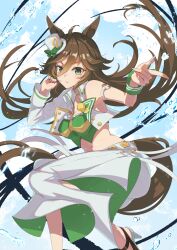 Rule 34 | 1girl, absurdres, ahoge, animal ears, arm strap, bow, brown hair, commentary request, crop top, green bow, green eyes, green shirt, hair between eyes, hands up, hat, hat bow, high heels, highres, horse ears, jacket, long hair, long sleeves, looking at viewer, midriff, mini hat, mini top hat, mr. c.b. (umamusume), navel, open clothes, open jacket, shirt, single bare shoulder, single sleeve, solo, stomach, strapless, strapless shirt, tail, top hat, umamusume, very long hair, white hat, white jacket, yakousei a