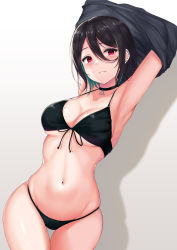Rule 34 | 1girl, absurdres, armpits, arms up, bikini, black bikini, black choker, black hair, black ribbon, black shirt, blush, breasts, choker, cleavage, clothes lift, commentary request, cowboy shot, ear piercing, front-tie bikini top, front-tie top, green hair, hair between eyes, halterneck, highres, lifting own clothes, medium breasts, multicolored hair, navel, original, parted lips, piercing, rama (yu-light8), red eyes, ribbon, shirt, shirt lift, short hair, skindentation, smile, solo, stomach, strap gap, string bikini, swimsuit, thigh gap, thighs, two-tone hair, underboob, undressing, wide hips