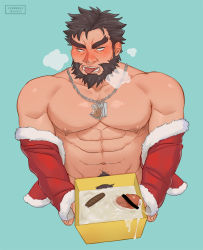 Rule 34 | 1boy, abs, ahegao, bad id, bad pixiv id, bara, beard, black hair, blush, cerberus arts, cigar, cum, cum pool, ded (housamo), erection, facial hair, gift, green eyes, large pectorals, male focus, manly, muscular, nipples, partially undressed, pectorals, penis, revealing clothes, santa costume, simple background, solo, tokyo houkago summoners, tongue, tongue out, undressing, upper body