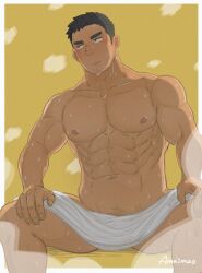 Rule 34 | 1boy, abs, amaimao, arms at sides, bara, blush, facial hair, feet out of frame, from below, goatee stubble, highres, large pectorals, long sideburns, looking to the side, male focus, muscular, muscular male, navel, nipples, original, pectorals, pubic hair, pubic hair peek, sauna, short hair, sideburns, sitting, solo, steam, stubble, sweat, thighs, towel around waist, very sweaty