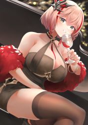 Rule 34 | 1girl, azur lane, black dress, bottle, breasts, brown thighhighs, cleavage, crossed legs, cup, dress, drinking, drinking glass, feather boa, fine fabric emphasis, grey eyes, hair ornament, halter dress, halterneck, highres, holding, holding cup, huge breasts, light brown hair, looking at viewer, multicolored hair, official alternate costume, red hair, red wine, roon (azur lane), roon (viridescent lullaby) (azur lane), sitting, sleeveless, sleeveless dress, smile, solo, streaked hair, take yaki, thighhighs, tight clothes, tight dress, two-tone hair, wine, wine bottle, wine glass