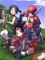 Rule 34 | 1boy, 2girls, armor, bikini armor, blush, boots, chinese clothes, chunsoft, coffin, dragon quest, dragon quest iii, elbow gloves, enix, fighter (dq3), gloves, multiple girls, nature, roto (dq3), satou toshiyuki, shoulder pads, sitting, soldier (dq3), square enix, thighhighs