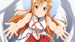 Rule 34 | 1girl, angel wings, asuna (sao), blue background, breasts, brown eyes, brown hair, derivative work, feathered wings, floating hair, highres, long hair, looking at viewer, medium breasts, miniskirt, outstretched arms, pleated skirt, red skirt, skirt, sleeveless, smile, solo, sword art online, very long hair, white wings, wings