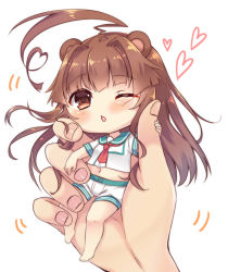 Rule 34 | 10s, 1girl, ;o, ahoge, animal ears, bare legs, barefoot, bear ears, blunt bangs, blush, brown eyes, brown hair, buttons, chestnut mouth, chibi, commentary request, fingernails, full body, heart, heart ahoge, holding, huge ahoge, in palm, kantai collection, kemonomimi mode, ko yu, kuma (kancolle), long hair, looking at viewer, mini person, minigirl, motion lines, navel, neckerchief, one eye closed, open mouth, red neckerchief, school uniform, serafuku, short sleeves, shorts, simple background, stomach, tareme, very long hair, white background, white shorts