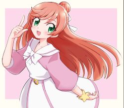 Rule 34 | 1girl, bow, commentary, dress, green eyes, hair ribbon, highres, hirogaru sky! precure, index finger raised, long hair, looking at viewer, medium dress, nijigaoka mashiro, open mouth, pink dress, pink hair, precure, ribbon, scrunchie, smile, solo, standing, two-tone dress, usoco, white bow, white dress, white ribbon, wrist scrunchie, yellow scrunchie