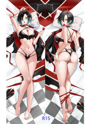 Rule 34 | 1girl, arm up, armpits, ass, azur lane, bare shoulders, black collar, black hair, black nails, black panties, bound, bound legs, breasts, butt crack, checkered flag, cirnos, collar, condom, condom in mouth, crop top, dakimakura (medium), flag, full body, groin, hair over one eye, hand up, highleg, highleg panties, hip focus, horns, jacket, knees together feet apart, looking at viewer, looking back, lying, medium breasts, medium hair, mouth hold, multicolored hair, nail polish, navel, navel piercing, on back, on stomach, open mouth, panties, piercing, red ribbon, revealing clothes, ribbon, slit pupils, smile, solo, thighs, two-tone hair, ulrich von hutten (azur lane), ulrich von hutten (ignition matrician) (azur lane), underwear, unworn jacket, white hair