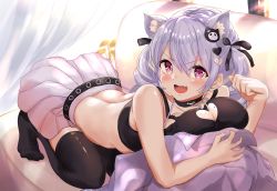 Rule 34 | 1girl, :d, absurdres, all fours, animal ears, bare arms, bare shoulders, black choker, black shirt, black thighhighs, breasts, choker, cleavage, cleavage cutout, clothing cutout, crop top, fang, hair ornament, hair ribbon, heart cutout, highres, hourei tenten, large breasts, long hair, looking at viewer, melty+, midriff, miniskirt, mole, mole under eye, no shoes, ogura toast, open mouth, paw pose, pink eyes, pleated skirt, ribbon, shirt, silver hair, skirt, sleeveless, sleeveless shirt, smile, solo, thighhighs, twintails, v-shaped eyebrows, virtual youtuber, white skirt, zettai ryouiki
