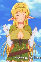 Rule 34 | 10s, 1girl, blonde hair, blush, breasts, cleavage, closed eyes, cloud, elbow gloves, elf, gloves, highres, huge breasts, isekai maou to shoukan shoujo no dorei majutsu, kaneko shizue, long hair, outdoors, pointy ears, screencap, shera l. greenwood, sky, smile, solo, standing, stitched, subtitled, tagme, third-party edit