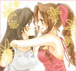 Rule 34 | 1990s (style), 2girls, aerith gainsborough, blush, bow, brown eyes, dress, earrings, eye contact, final fantasy, final fantasy vii, green eyes, hair ribbon, happy, hug, imminent kiss, jewelry, long hair, looking at another, lowres, multiple girls, pink bow, pink dress, ponytail, ribbon, smile, tifa lockhart, yuri