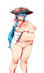 Rule 34 | 1girl, absurdres, belly grab, blue hair, blush, bottomless, breast hold, breast lift, breasts, brooch, cowboy shot, deep skin, fat, fat rolls, female focus, food, food on head, fruit, fruit on head, hat, highres, hinanawi tenshi, huge breasts, inverted nipples, jewelry, kaminari, large areolae, long hair, looking at viewer, naked shirt, necktie, nipples, no bra, obese, object on head, open clothes, open shirt, peach, pussy, red eyes, seductive smile, shirt, simple background, smile, solo, standing, thighs, touhou, very long hair, white background