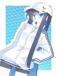 Rule 34 | 1girl, alternate costume, baseball cap, black hair, black shorts, blue background, blue eyes, blue hair, border, cevio, chain-link fence, colored inner hair, commentary request, contrapposto, covered mouth, cowboy shot, drop shadow, fence, futaba minato, hand in pocket, hat, high collar, highres, jacket, long hair, long sleeves, looking ahead, multicolored hair, outside border, short shorts, shorts, single sidelock, solo, sumikaze, track jacket, vertical-striped sleeves, very long hair, white border, white jacket