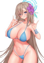 Rule 34 | absurdres, asuna (blue archive), bikini, blue archive, blue bikini, blue eyes, blush, body blush, breasts, brown hair, cameltoe, cleavage, female focus, flower, gluteal fold, hair flower, hair ornament, highleg, highleg swimsuit, highres, large breasts, long hair, looking at viewer, navel, parted lips, pinkcap, sagging breasts, shiny skin, side-tie bikini bottom, simple background, smile, solo, standing, swimsuit, thigh gap, undersized clothes, very long hair, white background