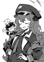 Rule 34 | 2girls, absurdres, armband, blue archive, blush, closed eyes, commentary request, greyscale, hair over one eye, halo, hands on own hips, hat, highres, horns, iroha (blue archive), long hair, long sleeves, makoto (blue archive), monochrome, multiple girls, necktie, open mouth, shigatsu shizuki, simple background, white background