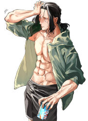 Rule 34 | 1boy, abs, alternate costume, bare pectorals, black hair, black male swimwear, blush, can, fate/grand order, fate (series), feet out of frame, from above, gilles de rais (saber) (fate), hand on own head, highres, holding, holding can, itaru (kidomh63), jacket, looking to the side, male focus, male swimwear, motion lines, navel, open clothes, open jacket, pectorals, short hair, solo, swim trunks, toned, toned male, veiny crotch