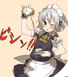 Rule 34 | 1girl, amonitto, apron, ascot, blue dress, blue eyes, blush, cup, decantering, dress, failure, izayoi sakuya, maid, maid apron, maid headdress, one eye closed, open mouth, puffy short sleeves, puffy sleeves, shirt, short sleeves, smile, solo, sparkle, spilling, teacup, teapot, touhou, waist apron, wrist cuffs