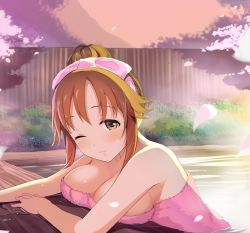Rule 34 | bath, bathing, blush, breast rest, breasts, brown eyes, brown hair, bush, cherry blossoms, commentary request, fence, heart, highres, idolmaster, idolmaster cinderella girls, large breasts, looking at viewer, mountain, naked towel, natsuya (natuya777), one eye closed, onsen, outdoors, partially submerged, rock, smile, solo, steam, totoki airi, towel, towel on head, water, wet, wooden fence