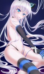 Rule 34 | 1girl, :p, animal ears, arm support, black panties, blue eyes, blush, collar, elbow gloves, gloves, glowing, hair between eyes, highres, huangxing, crossed legs, pachina (warship girls r), panties, silver hair, single glove, single thighhigh, sitting, smile, solo, spiked collar, spikes, thighhighs, tongue, tongue out, topless, underwear, warship girls r
