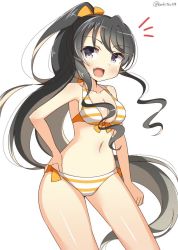 Rule 34 | 10s, 1girl, :d, alternate hairstyle, artist name, bad id, bad twitter id, bikini, black hair, blue eyes, blush, breasts, fang, female focus, hair ornament, hair ribbon, hand on own hip, jpeg artifacts, kankitsunabe (citrus), kantai collection, large breasts, long hair, looking to the side, medium breasts, multicolored hair, naganami (kancolle), navel, open mouth, pink hair, ponytail, ribbon, simple background, smile, solo, striped bikini, striped clothes, swimsuit, twitter username, very long hair, white background