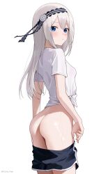 Rule 34 | 1girl, :/, absurdres, ass, ass focus, black hairband, blue eyes, blue shorts, blush, breasts, closed mouth, clothes pull, coro fae, cowboy shot, double-parted bangs, from side, grey hair, hair between eyes, hairband, highres, kaguya-sama wa kokurasetai ~tensai-tachi no renai zunousen~, long hair, looking at viewer, no panties, paid reward available, pulling own clothes, shirogane kei, shirt, short sleeves, shorts, shorts pull, simple background, small breasts, solo, split mouth, standing, striped clothes, striped hairband, sweat, t-shirt, tied shirt, twitter username, white background, white shirt