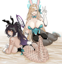 Rule 34 | 2girls, absurdres, animal ears, aqua ribbon, arm tattoo, ass, asuna (blue archive), asuna (bunny) (blue archive), black leotard, blue archive, blue leotard, blue neckwear, bow, bowtie, breasts, cleavage, dark-skinned female, dark skin, detached collar, fake animal ears, fishnet legwear, fishnets, gloves, hair over one eye, halo, highres, karin (blue archive), karin (bunny) (blue archive), large breasts, leotard, light brown hair, lying, mole, mole on breast, multiple girls, on side, on stomach, pantyhose, playboy bunny, rabbit ears, rabbit tail, renxzd, ribbon, strapless, strapless leotard, tail, tattoo, traditional bowtie, white gloves, yellow eyes