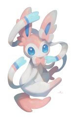 Rule 34 | absurdres, artist name, blue eyes, creatures (company), full body, game freak, gen 6 pokemon, highres, looking at viewer, nintendo, no humans, nullma, pokemon, pokemon (creature), signature, simple background, solo, sylveon, watermark, white background