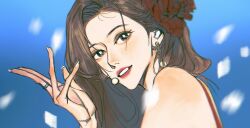 Rule 34 | 1girl, animification, babybluelove, black eyes, blue background, brown hair, camisole, earrings, flower, from side, hair flower, hair ornament, highres, jewelry, k-pop, long finger, long hair, looking at viewer, nail polish, parted lips, portrait, real life, red camisole, red flower, ring, sana (twice), smile, solo, twice (group), white nails