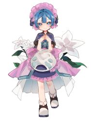 Rule 34 | 1boy, apron, blue capelet, blue corset, blue eyes, blue hair, blunt bangs, bonnet, capelet, collared capelet, corset, crossdressing, erhuo, flower, frilled apron, frills, full body, hands up, layered skirt, leg up, looking at viewer, made in abyss, male focus, maruruk, outline, pink headwear, sandals, short hair, simple background, skirt, smile, socks, solo, standing, steepled fingers, straight-on, trap, white apron, white background, white flower, white outline, white skirt, white socks