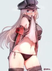Rule 34 | 10s, 1girl, armor, bare shoulders, bismarck (kancolle), biting, biting clothes, black panties, blonde hair, blue eyes, blush, breastplate, breasts, clothes lift, detached sleeves, dress, dress lift, gloves, grey thighhighs, hat, kantai collection, large breasts, long hair, looking at viewer, military, military hat, navel, panties, peaked cap, side-tie panties, simple background, sumisu (mondo), thighhighs, underwear