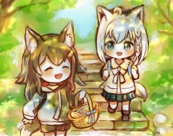 Rule 34 | 2girls, ahoge, animal ear fluff, animal ears, backpack, bag, black hair, black shorts, blouse, blush, braid, closed eyes, commentary request, forest, fox ears, fox girl, fox tail, green eyes, green skirt, hair between eyes, hair ornament, hairclip, highres, hololive, hood, hoodie, kujirako (user wusc5438), long hair, long sleeves, looking at another, multicolored hair, multiple girls, nature, ookami mio, ookami mio (casual), open mouth, outdoors, picnic basket, pleated skirt, red hair, shirakami fubuki, shirakami fubuki (street), shirt, short shorts, shorts, sidelocks, single braid, skirt, smile, stairs, streaked hair, tail, twitter username, virtual youtuber, white hair, white hoodie, white shirt, wolf ears, wolf girl, wolf tail