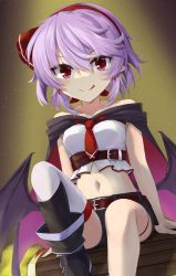 Rule 34 | 1girl, :q, akisome hatsuka, alternate costume, bat wings, belt, black cape, black footwear, brown background, cape, closed mouth, earrings, hairband, jewelry, looking at viewer, navel, pointy ears, purple hair, red eyes, red hairband, remilia scarlet, short hair, single thighhigh, sitting, smile, solo, thighhighs, tongue, tongue out, touhou, v-shaped eyebrows, white thighhighs, wings