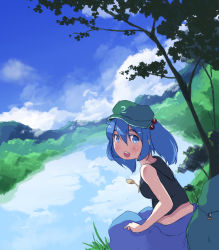 Rule 34 | 1girl, backpack, bag, bare shoulders, blue eyes, blue hair, blue sky, blush, cattail, cloud, cloudy sky, day, eyebrows, forest, grass, hair bobbles, hair ornament, hat, heiya, kawashiro nitori, looking at viewer, matching hair/eyes, mole, mole under eye, mountain, nature, outdoors, plant, pocket, river, scenery, sitting, skirt, sky, sleeveless, solo, sweat, sweatdrop, tank top, thick eyebrows, touhou, tree, two side up, water