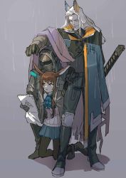 Rule 34 | 1boy, 1girl, 1other, amiya (arknights), animal ears, arknights, ascot, beard, belt, blouse, blue skirt, brown hair, closed eyes, coat, coat on shoulders, covering privates, dagger, doctor (arknights), facial hair, head wings, hellagur (arknights), highres, holding, holding tablet pc, knife, long hair, no jacket, oaza, rabbit ears, rain, sheath, sheathed, shirt, skirt, smile, sword hilt, tablet pc, thighhighs, torn clothes, torn coat, weapon, white hair, white shirt, wings