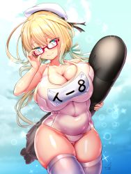 Rule 34 | 1girl, ahoge, blonde hair, blue eyes, breasts, cleavage, commentary request, covered navel, cowboy shot, curvy, doyouwantto, glasses, hair ribbon, hat, huge breasts, i-8 (kancolle), impossible clothes, impossible swimsuit, kantai collection, kneehighs, long hair, looking at viewer, low twintails, military hat, name tag, one-piece swimsuit, peaked cap, plump, red-framed eyewear, ribbon, sailor hat, school swimsuit, school uniform, semi-rimless eyewear, skindentation, socks, solo, swimsuit, thick thighs, thighhighs, thighs, torpedo, twintails, under-rim eyewear, white one-piece swimsuit, white socks, white thighhighs