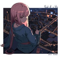 Rule 34 | 1girl, absurdres, arm support, artist name, border, cityscape, dated, digital media player, grey sweater, gum shrew, highres, hololive, hololive english, long hair, looking at viewer, mori calliope, night, on roof, perspective, pink eyes, pink hair, sitting, sitting on roof, song name, sweater, virtual youtuber, white border