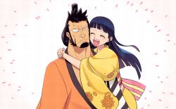 Rule 34 | 2boys, black hair, blue hair, blush, closed eyes, closed mouth, commentary request, facial hair, goatee, hasami (hasami25), hug, japanese clothes, kikunojo (one piece), kinemon, long hair, long sideburns, male focus, multiple boys, one piece, open mouth, short hair, sideburns, smile, teeth, topknot, traditional clothes, trap