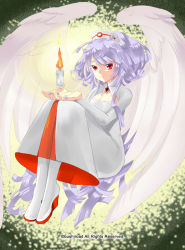 Rule 34 | 1girl, boots, breasts, candle, candlelight angel, cardfight!! vanguard, cleavage, company name, feathered wings, fire, hat, long hair, nail polish, nurse cap, official art, purple hair, red eyes, rurio shinonome, solo, wings