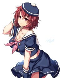 Rule 34 | 1girl, alternate costume, black headwear, black shirt, black skirt, breasts, buttons, cleavage, collarbone, cow girl (goblin slayer!), double-breasted, goblin slayer!, grey background, hand up, highres, kankitukou, large breasts, leaning forward, neckerchief, pink eyes, pink neckerchief, red hair, shirt, short hair, short sleeves, simple background, skirt, solo