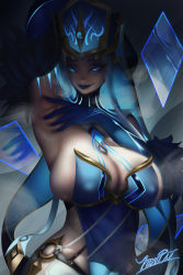 Rule 34 | 1girl, absurdres, arm up, armpits, blue dress, blue eyes, blue gloves, breasts, commentary, covered erect nipples, dress, elbow gloves, english commentary, eyelashes, feather trim, gem, genshin impact, gloves, hat, highres, large breasts, lipstick, looking at viewer, makeup, mirror maiden (genshin impact), no bra, nostrils, o-ring, parted lips, seductive smile, signature, skindentation, smile, solo, spread armpit, steaming body, strapless, strapless dress, upper body, yonpii